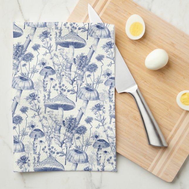 Navy Blue Mushroom Toile De Jouy Geschirrtuch (Viertel Falte)