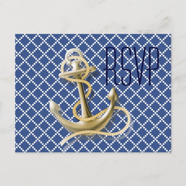 Navy Blue Musteranker nautische Hochzeit rsvp Einladungspostkarte (Vorderseite)