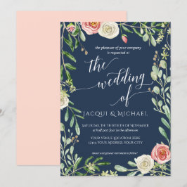Navy Blue n Blush Floral Wedding Rose Foliage Leaf Einladung