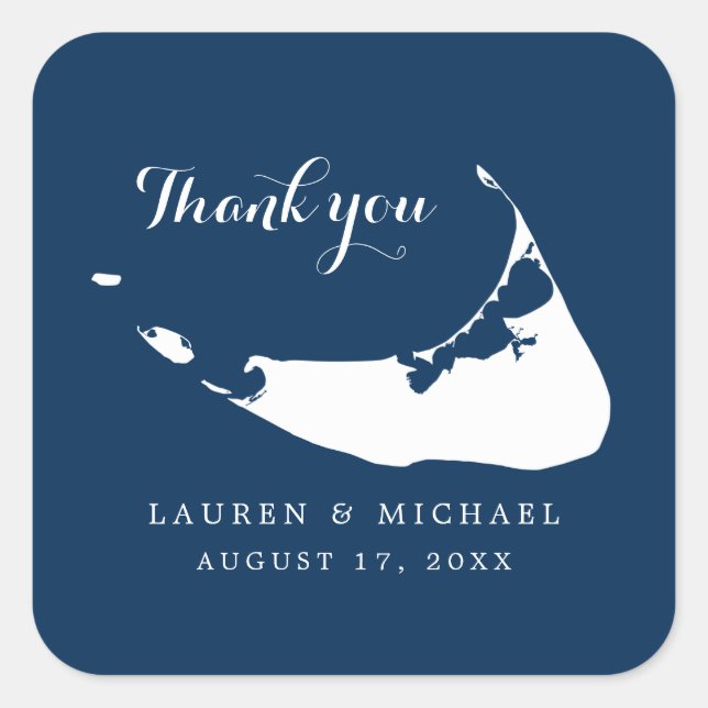 Navy Blue Nantucket Island Map Hochzeit Vielen Dan Quadratischer Aufkleber (Vorderseite)