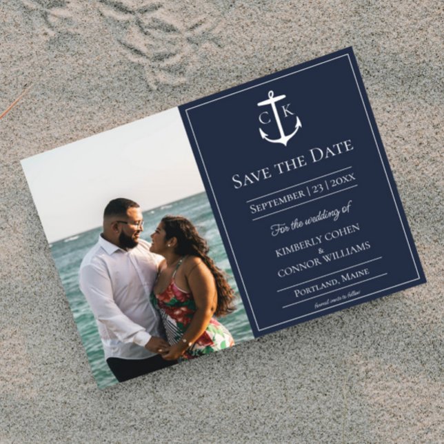 Navy Blue Naugram Foto Save the Date (Navy Nautical Monogram Photo Save the Date)