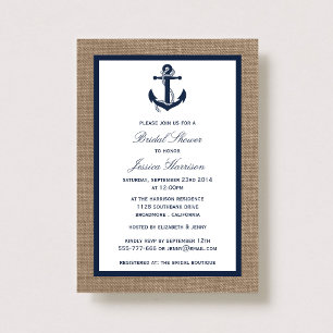 Navy Blue Nautic Anchor auf Burlap Brautparty Einladung