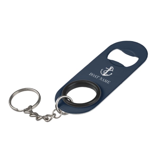 Navy Blue Nautic Anchor Boat Name Schlüsselanhänge Mini Flaschenöffner (Vorderseite Schrägansicht)