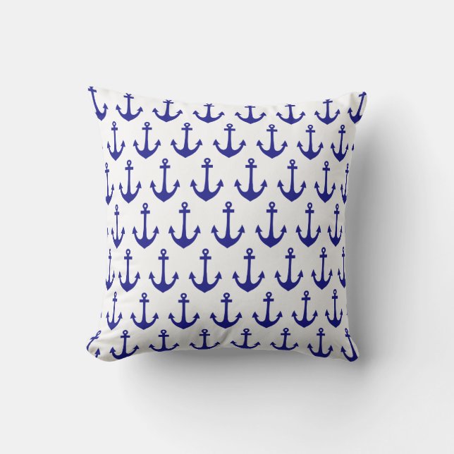 Navy Blue Nautic Anchor Muster Kissen Für Draußen (Vorderseite)