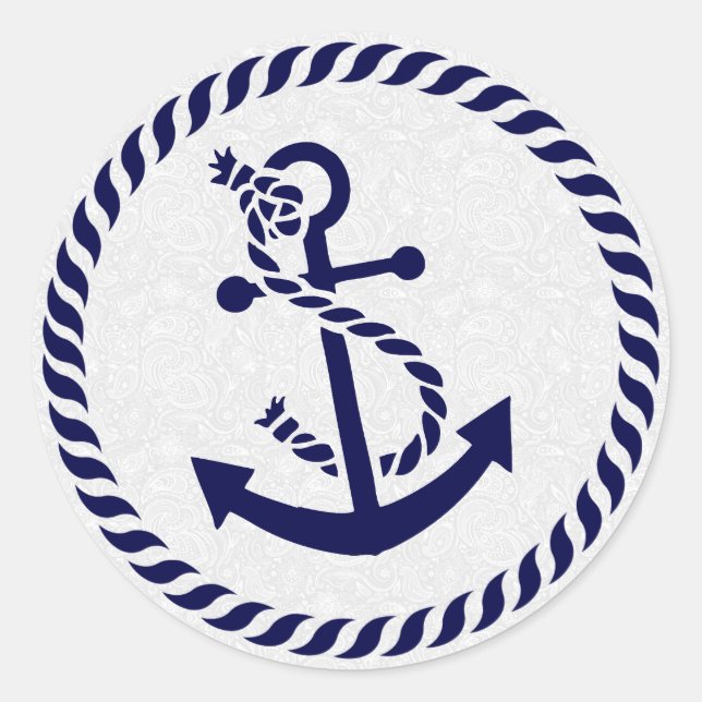 Navy Blue Nautic Anchor & Wreath Runder Aufkleber (Vorderseite)