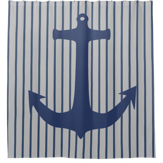 Navy Blue Nautic Classic Anchor Duschvorhang (Vorderseite)