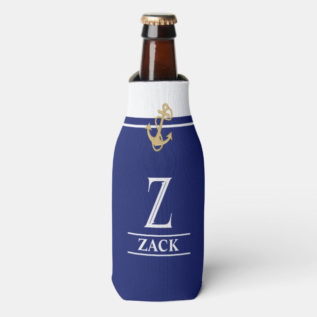 Navy Blue Nautic Mit Monogramm Bottle Cooler Flaschenkühler (Flaschenvorderseite)
