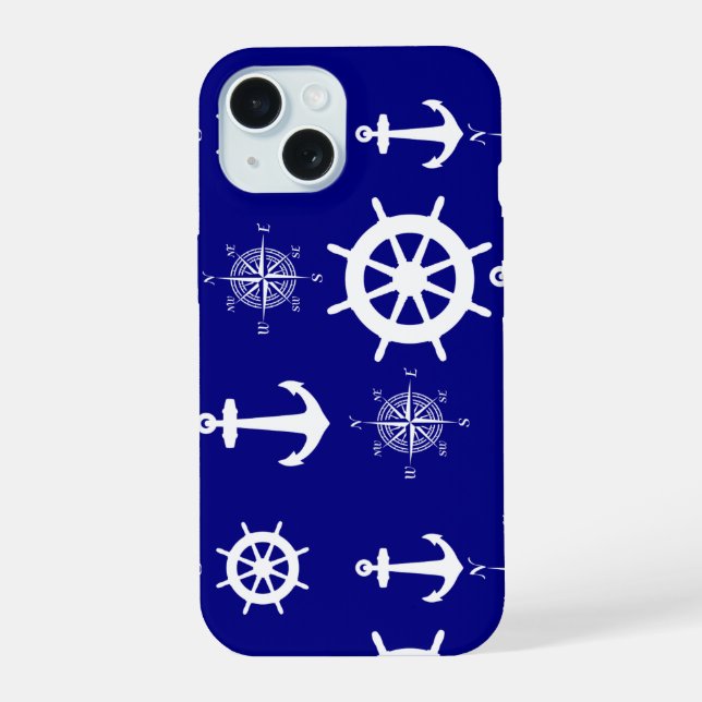 Navy Blue Nautic Pattern iPhone 15 Hülle (Rückseite)