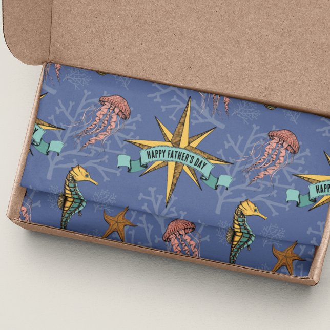 Navy Blue Nautic Star Custom Text Marine Seidenpapier (Nautical Hand-drawn Ocean Life Illustration with Seahorse, jellyfish, Coral & Starfish. Custom Text.)