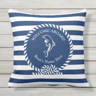 Navy Blue Nautic Stripes Dolphin Bootsname Kissen