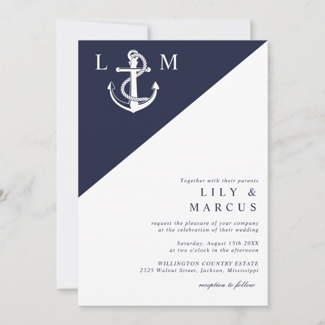 Navy Blue Nautical Anchor Elegante Moderne Hochzei Einladung (Vorderseite)