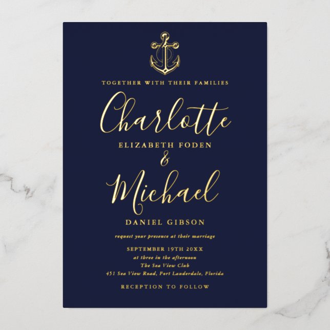Navy Blue Nautical Anchor Foto Wedding Gold Folieneinladung (Vorderseite)
