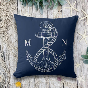 Navy Blue Nautical Anchor Monogram Outdoor Kissen