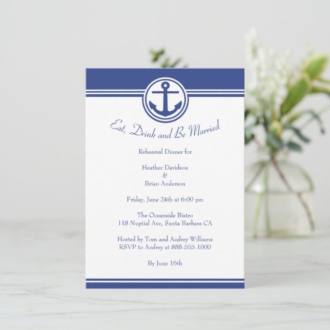 Navy Blue Nautical Anchor Probe Dinner einladen Einladung (Stehend Vorderseite)