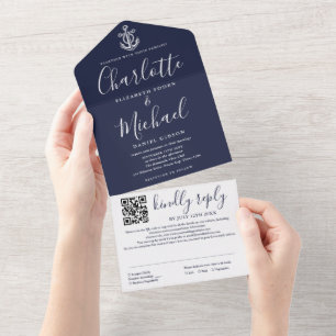 Navy Blue Nautical Anchor Script QR Code Hochzeit All In One Einladung