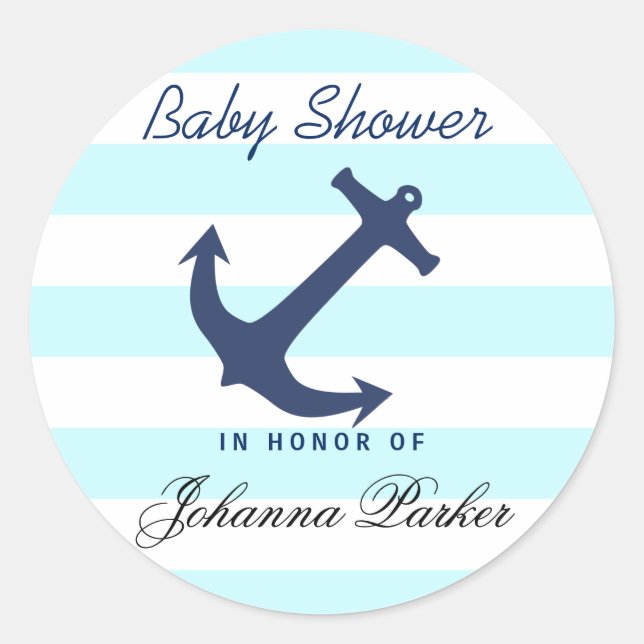 Navy Blue Nautical Anchor Stripes Baby Dusche Runder Aufkleber (Vorderseite)
