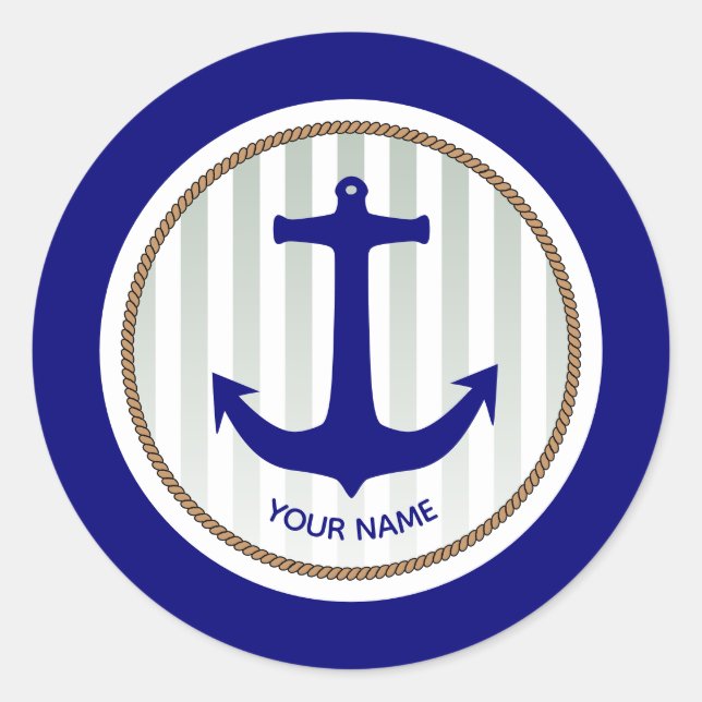 Navy Blue Nautical Anchor Stripes Runder Aufkleber (Vorderseite)