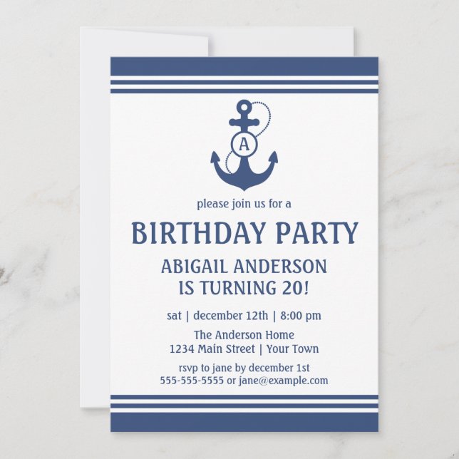 Navy Blue Nautical Birthday Party Einladungen (Vorderseite)