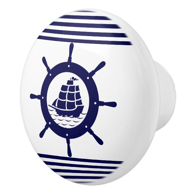 Navy Blue Nautical Boat Wheel and Stripes Keramikknauf (Rechts)