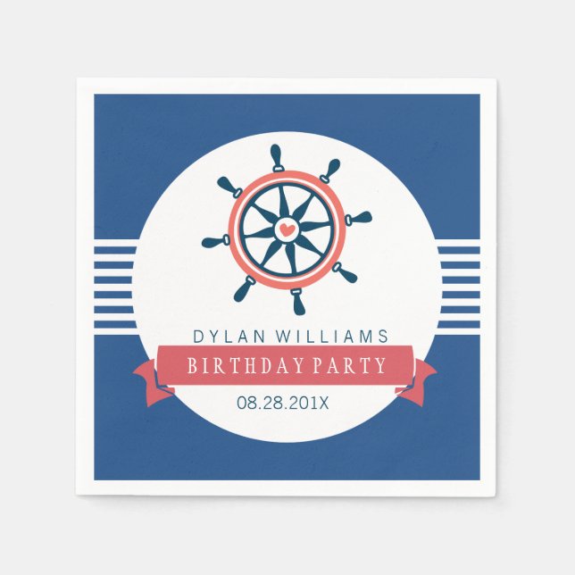 Navy Blue Nautical Boat Wheel & Stripes Serviette (Vorderseite)