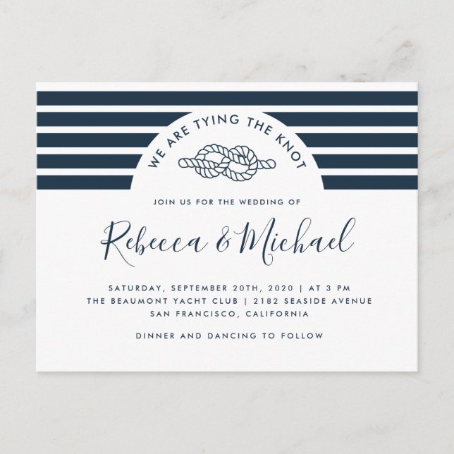 Navy Blue Nautical Bying The Knot Wedding Einladungspostkarte (Vorderseite)