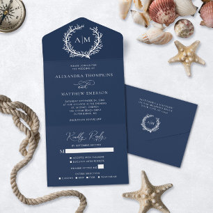 Navy Blue Nautical Coral Reef Wedding All In One Einladung