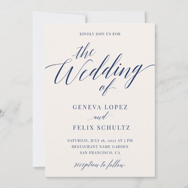 Navy Blue Nautical Elegante Calligraphy Wedding In Einladung (Vorderseite)