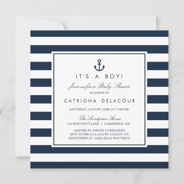 Navy Blue Nautical Es ist eine Baby-Dusche Einladung (Vorderseite)