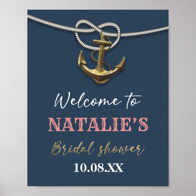 Navy Blue Nautical Gold Anchor Rope Brautparty Poster (Vorne)