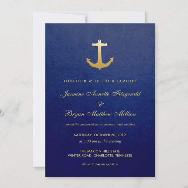 Navy Blue Nautical Imitats Goldfoil Anchor Hochzei Einladung (Vorderseite)