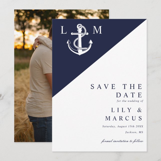 Navy Blue Nautical Monogram Wedding Foto Save The Date (Vorne/Hinten)