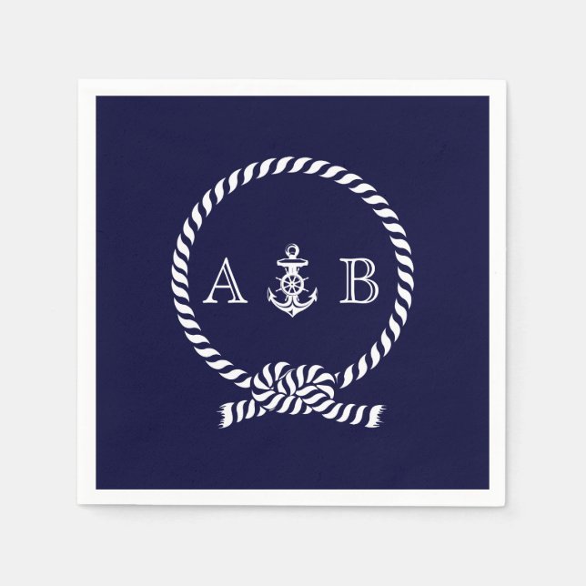 Navy Blue Nautical Rope and Anchor Mit Monogramm Serviette (Vorderseite)