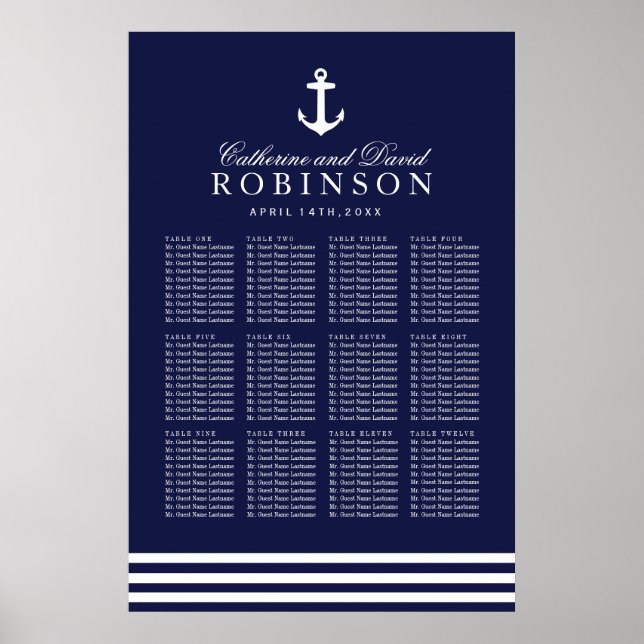 Navy Blue Nautical Seating Plan mit Anker Poster (Vorne)