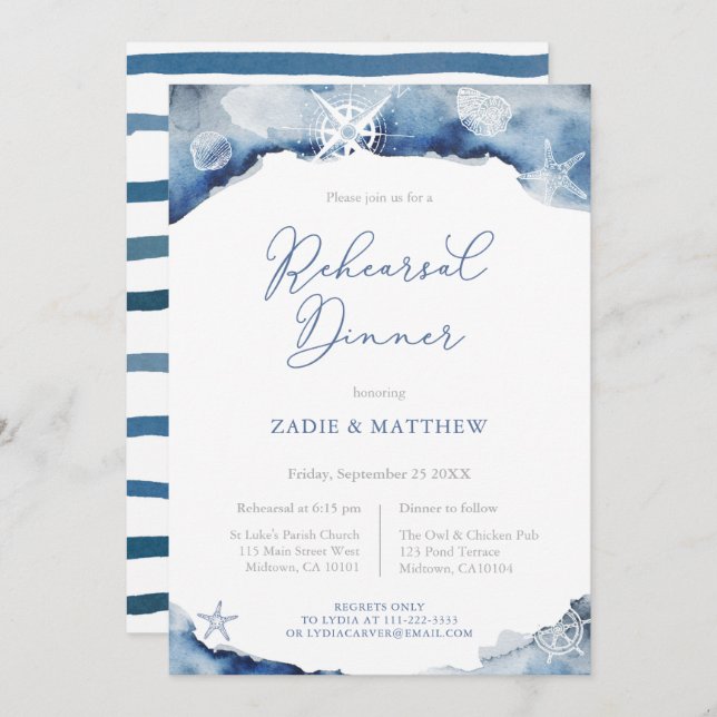 Navy Blue Nautical Wedding Probe Dinner Einladung (Vorne/Hinten)