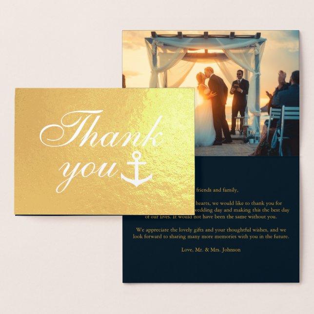 Navy Blue Nautical Wedding Vielen Dank, echtes Gol Folienkarte (Anzeige)