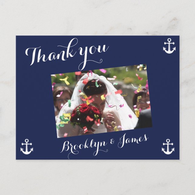 Navy Blue Nautical Wedding Vielen Dank Postkarten (Vorderseite)