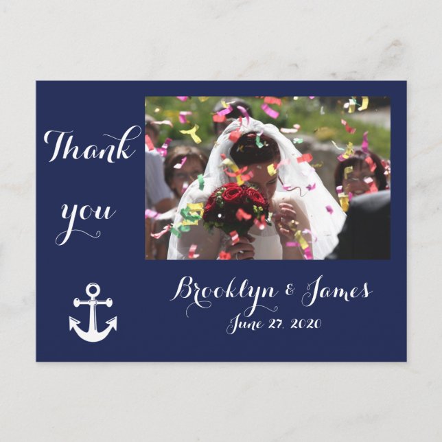 Navy Blue Nautical Wedding Vielen Dank Postkarten (Vorderseite)