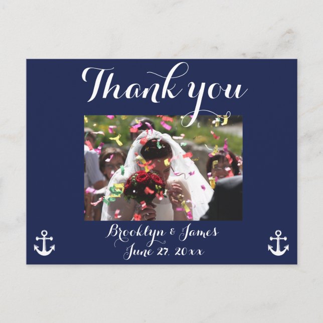 Navy Blue Nautical Wedding Vielen Dank Postkarten (Vorderseite)