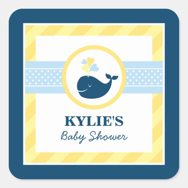 Navy Blue Nautical Whale Baby Boy Dusche gelb Quadratischer Aufkleber (Vorderseite)