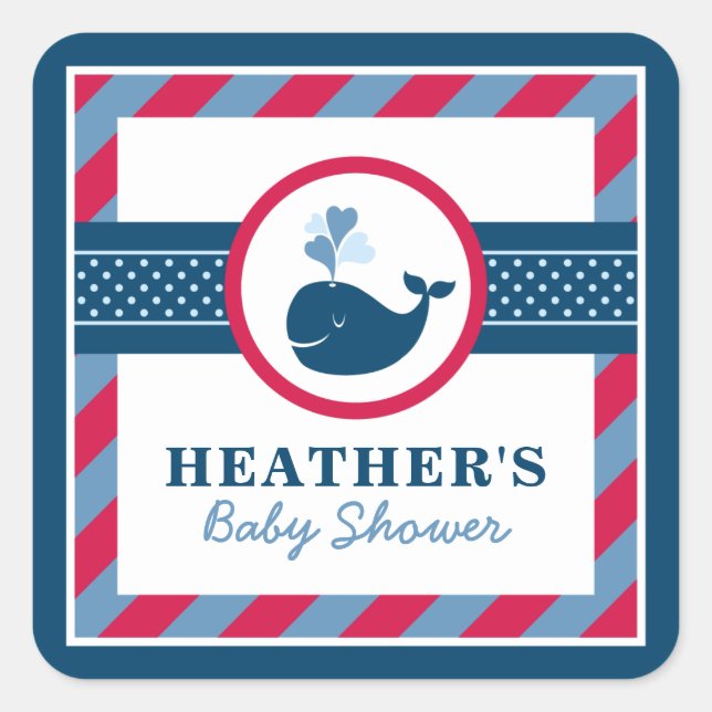 Navy Blue Nautical Whale Baby Boy Dusche Red Quadratischer Aufkleber (Vorderseite)