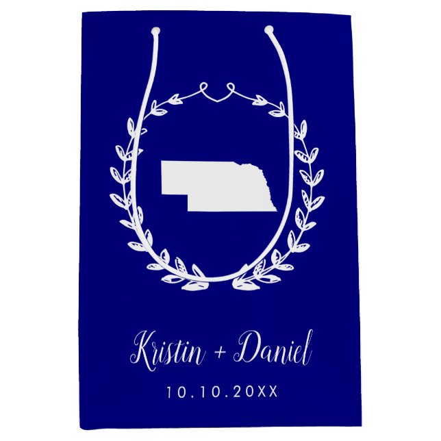 Navy Blue Nebraska Map Wedding Welcome Swag Mittlere Geschenktüte (Vorderseite)