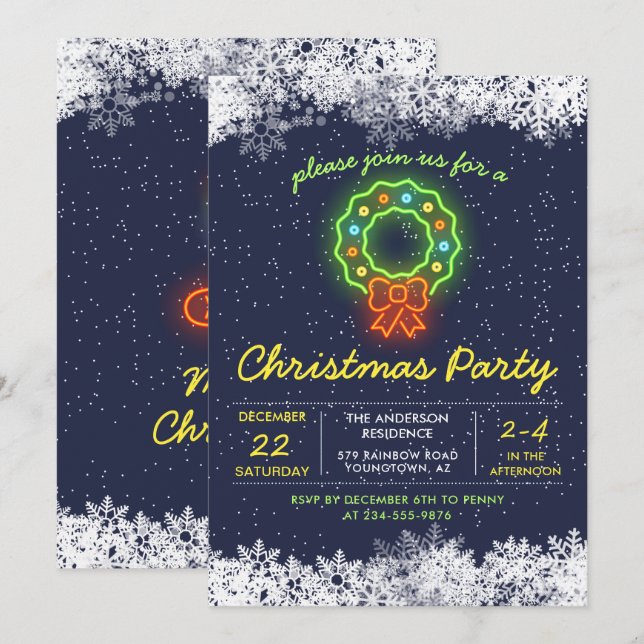 Navy Blue Neon Snowflake Weihnachtsfeier Einladung (Vorne/Hinten)