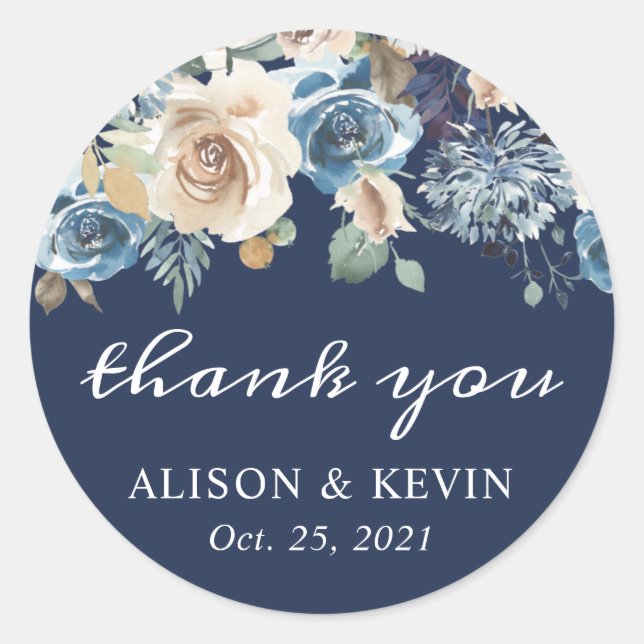 Navy Blue Neutral Rustic Floral Vielen Dank Runder Aufkleber (Vorderseite)