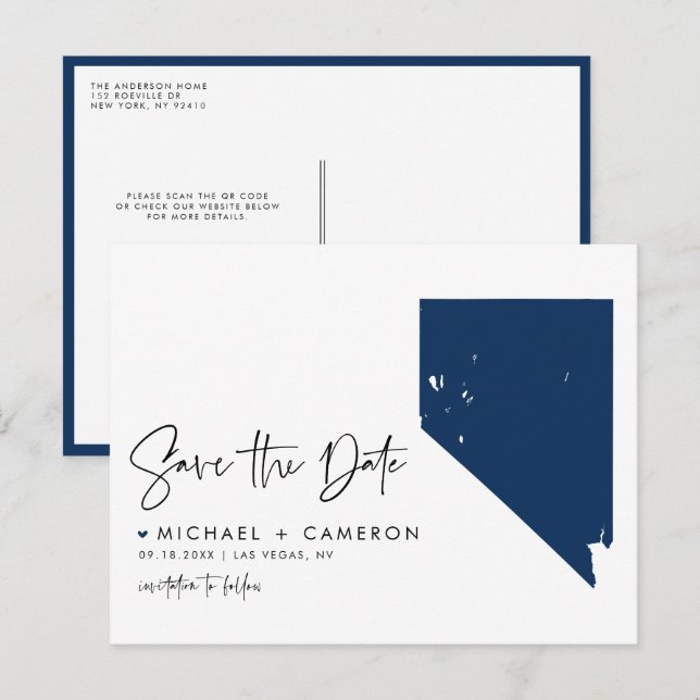 Navy Blue Nevada Staat Karte QR-Code Save the Date (Vorne/Hinten)