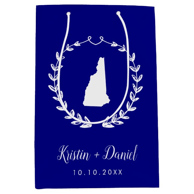 Navy Blue New Hampshire Map Wedding Welcome Swag Mittlere Geschenktüte (Vorderseite)