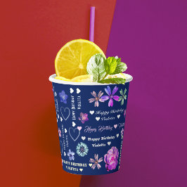 Navy Blue Niedlich Girly Floral Name Happy Birthda Pappbecher