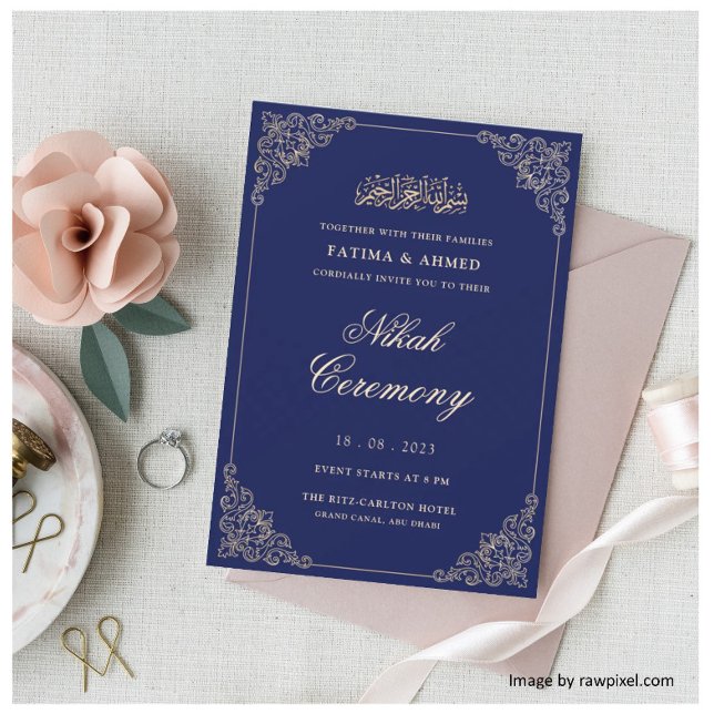 Navy Blue Nikkah Islamische Hochzeit Einladung (Von Creator hochgeladen)