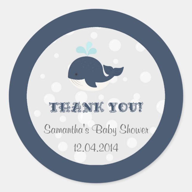 Navy Blue Ocean Whale Baby Dusche Runder Aufkleber (Vorderseite)