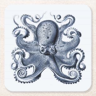 Navy Blue Octopus Illustration von Ernst Haeckel Rechteckiger Pappuntersetzer