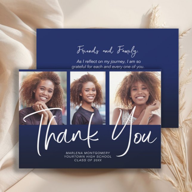 Navy Blue Ombre' Abschluss 3 Foto Vielen Dank Dankeskarte (Navy blue 3-photo graduation "Thank you" card)